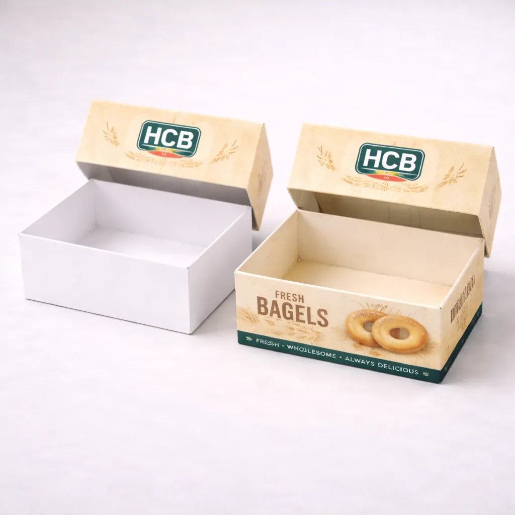 Two premium rigid boxes with lids, including a plain white option and a custom-printed bagel box. class=